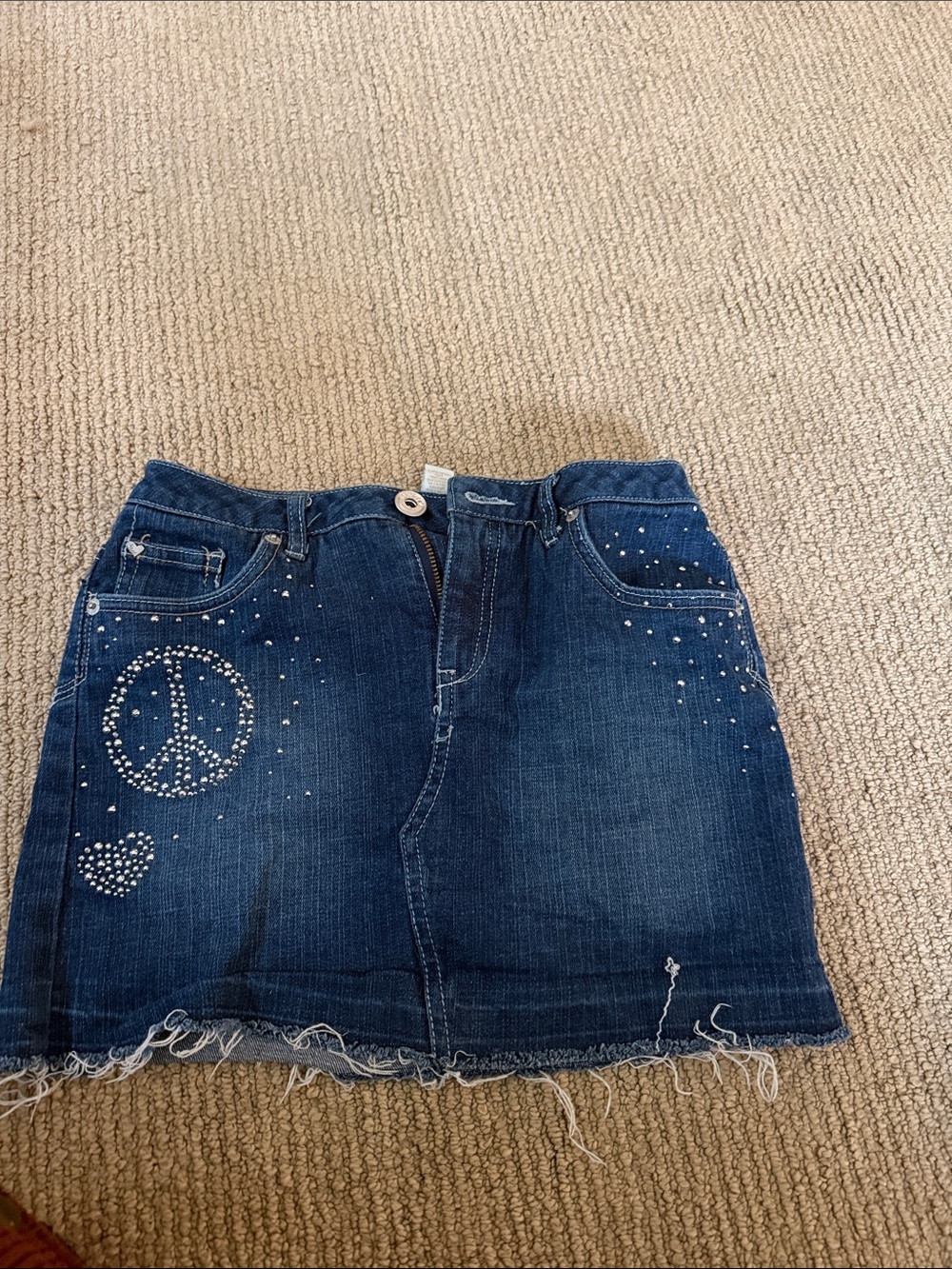 Justice Dark Blue Denim Mini Skirt with Rhinestone Peace Motif